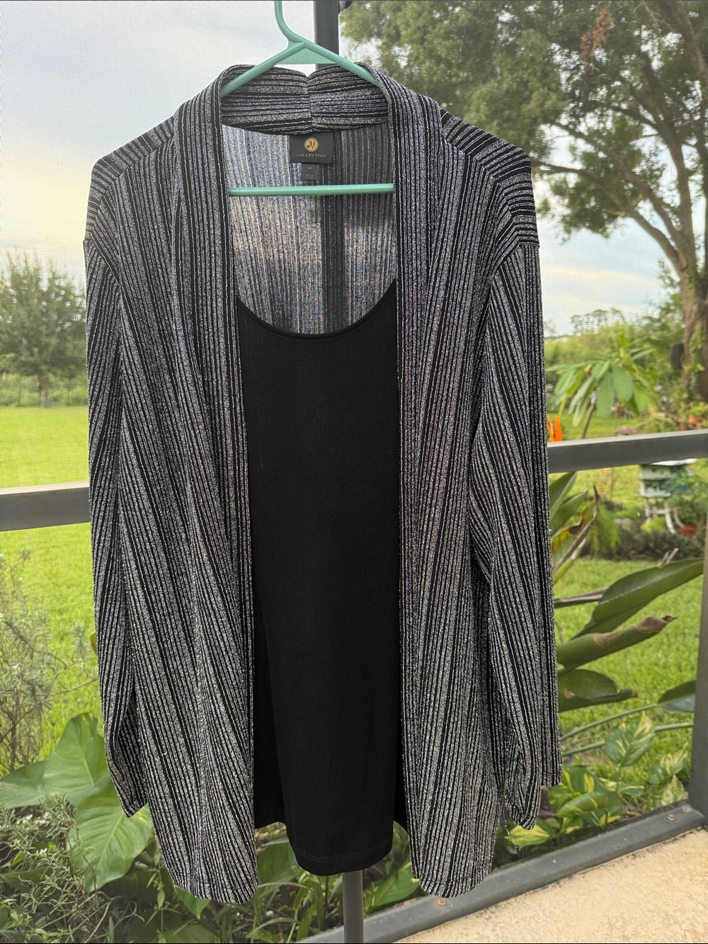 JM Collection Black and Gray metallic Striped Open Cardigan